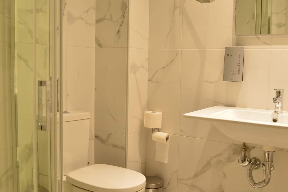 deluxe room | bathroom | shower, rainfall showerhead, free toiletries, hair dryer