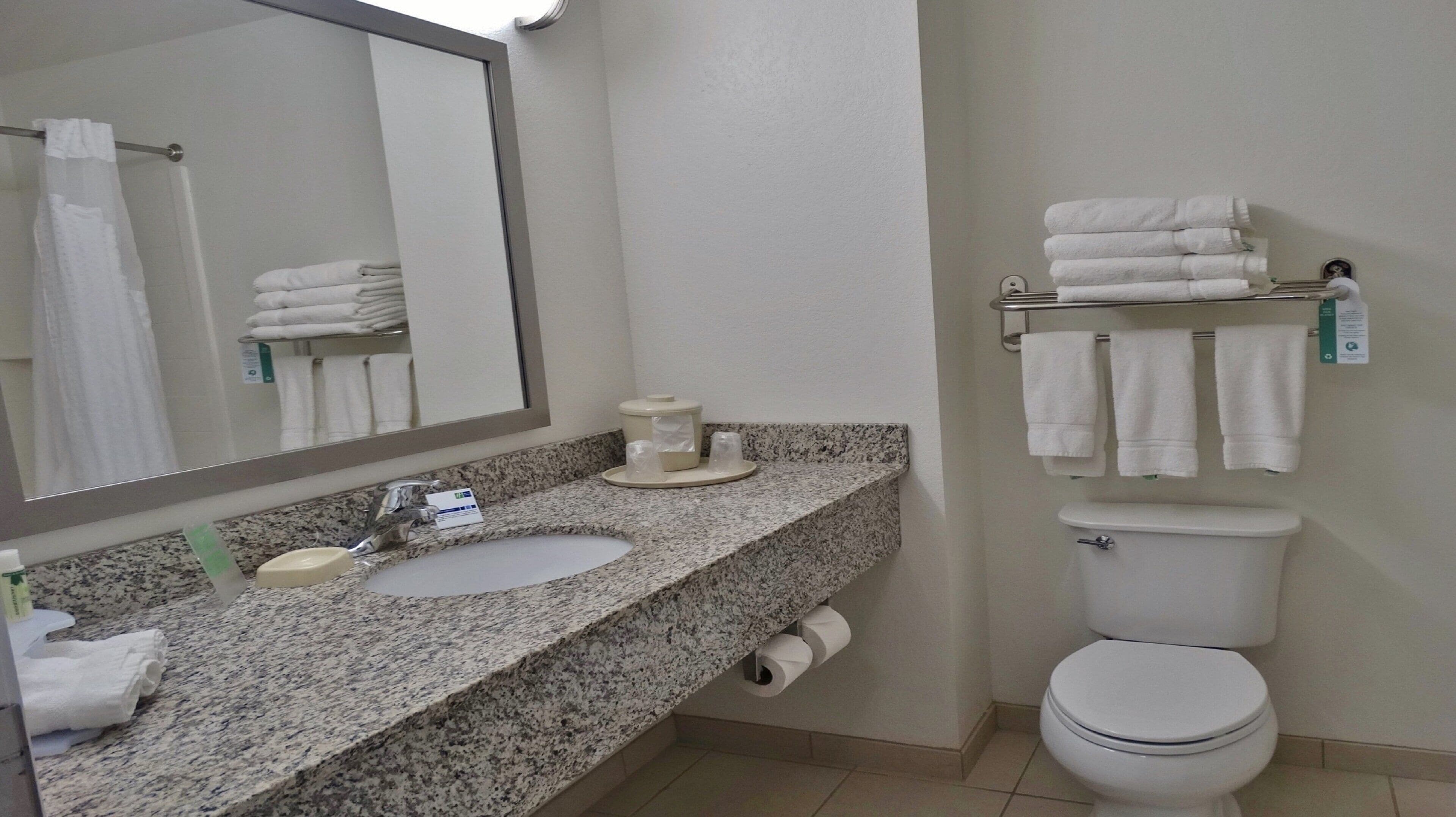 Un baño con encimera de granito, lavabo, inodoro, toallero y espejo.