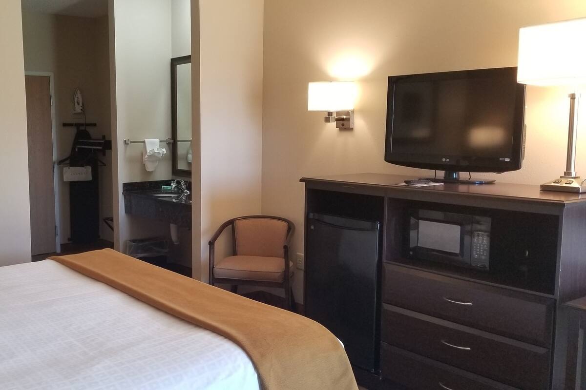 A hotel room with a bed, a television, a desk with a chair, and a microwave.