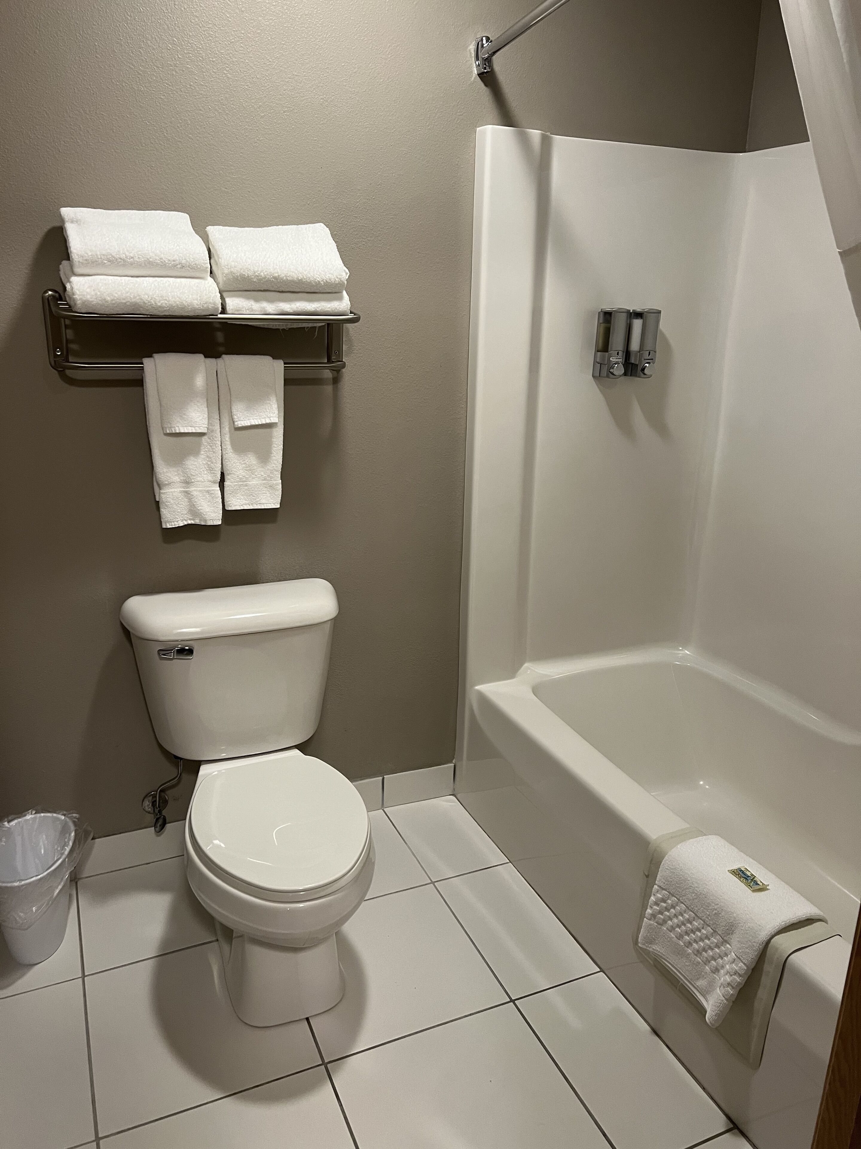 A bathroom with a toilet, a bathtub, and a shelf with towels.
