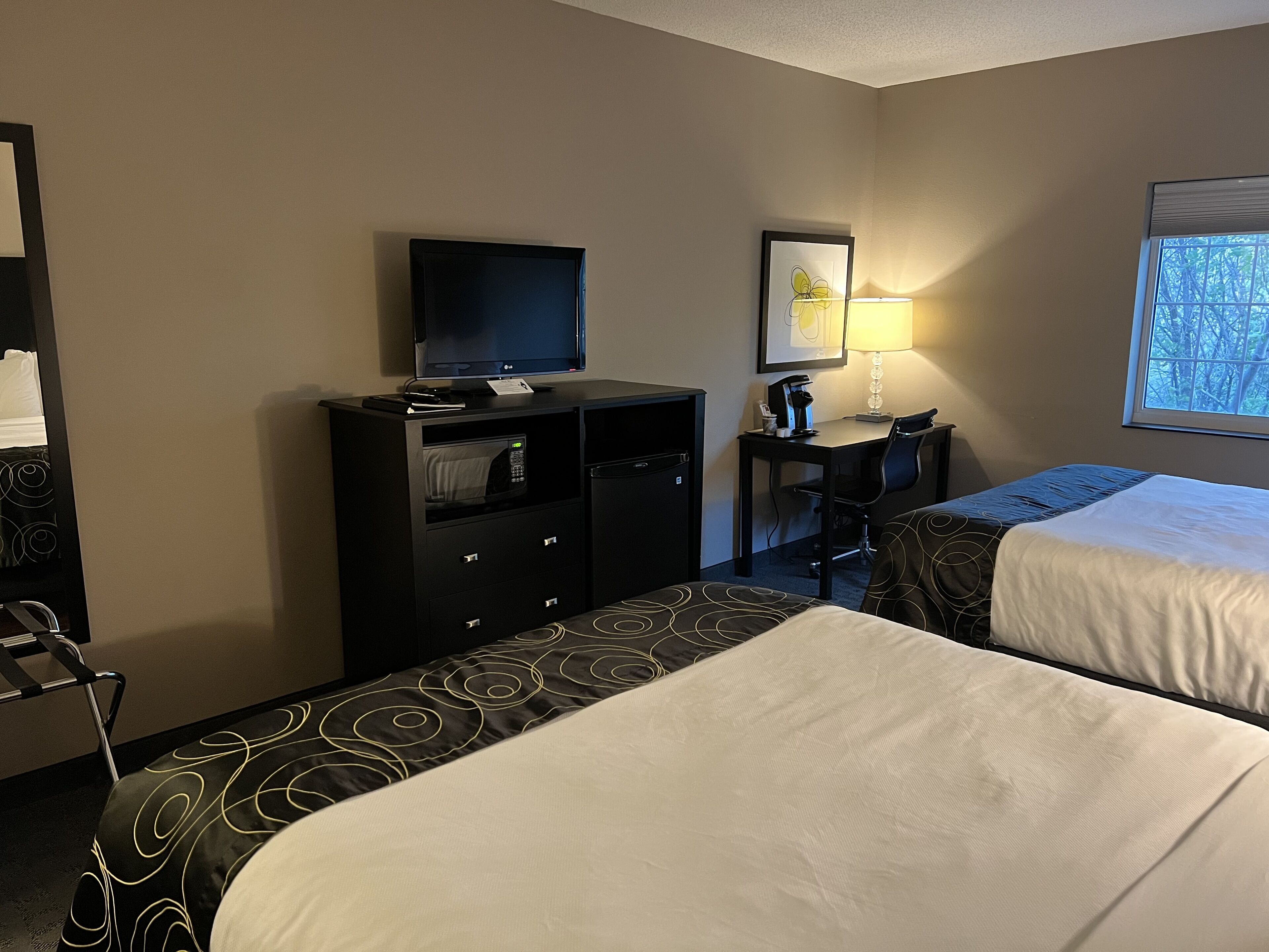 Une chambre d’hôtel avec deux lits, un bureau avec un ordinateur, une télévision, une lampe et une fenêtre donnant sur des arbres.