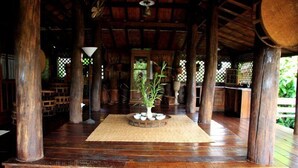 A wooden interior with a central plant, wooden pillars, and a thatched roof. - Lanna Ricebarn (Chiang Mai)