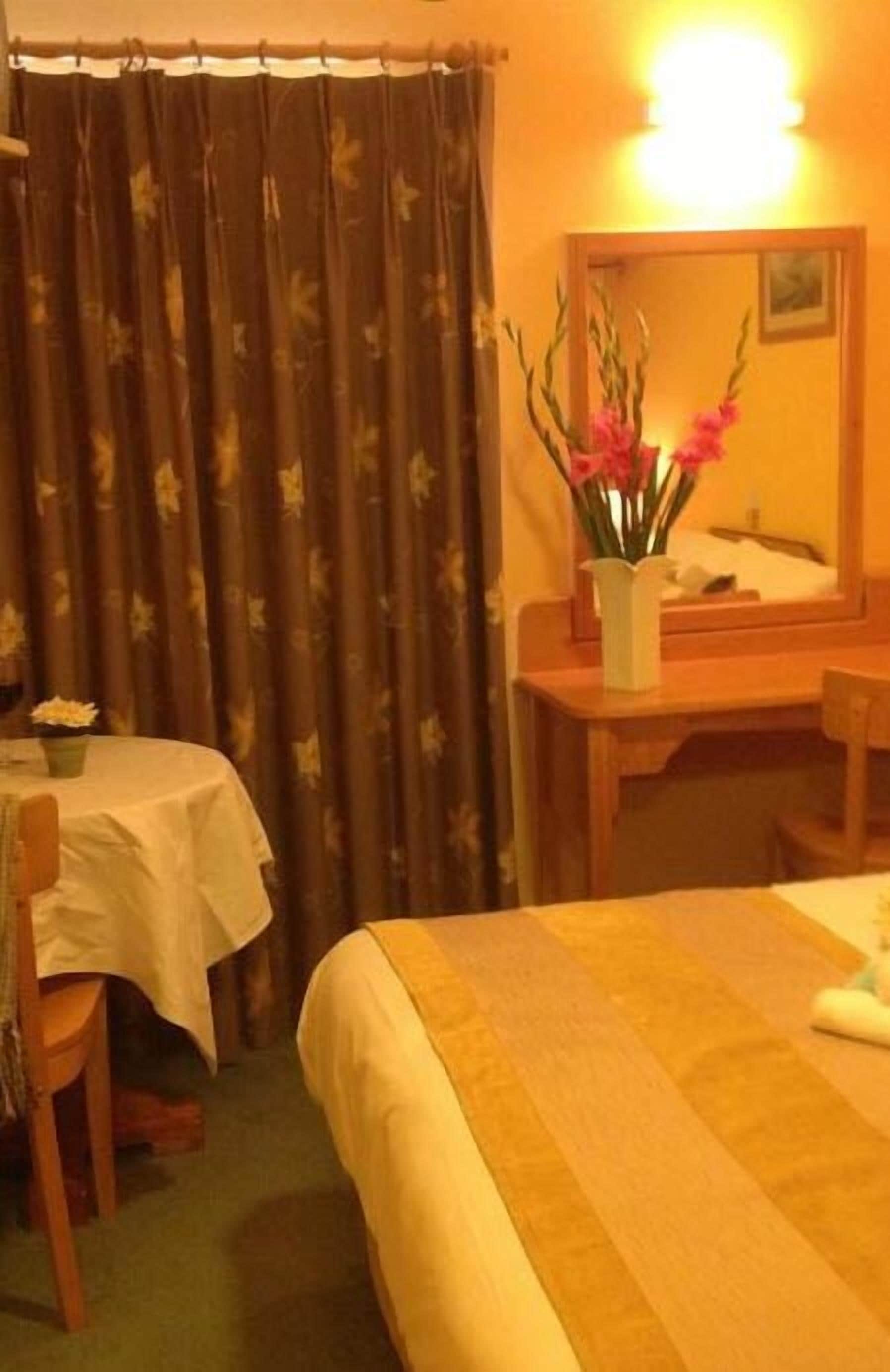 Habitación de hotel con cama, escritorio con silla, mesa con silla y espejo.