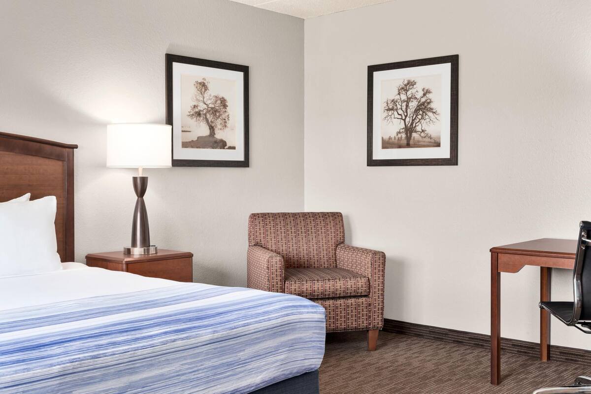 Habitación de hotel con cama, una silla, un escritorio, una lámpara y dos cuadros en la pared.