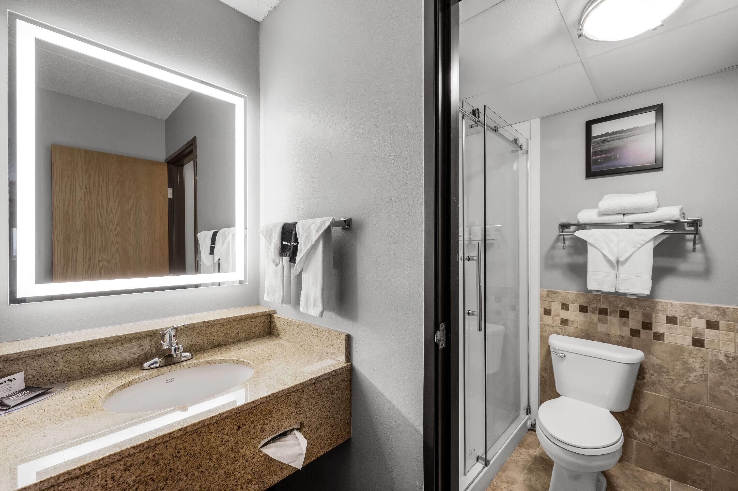 A bathroom with a sink, mirror, towel rack, toilet, and shower.