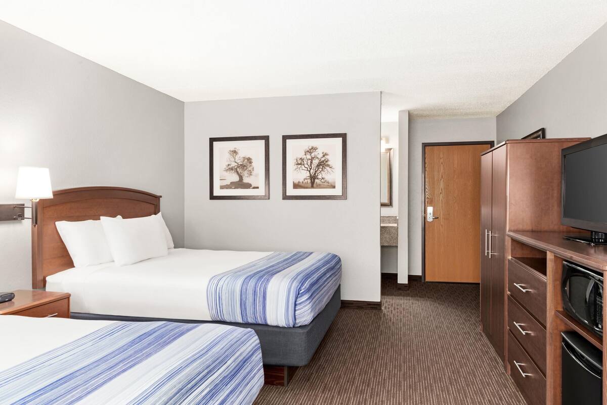 Una habitación de hotel con cama, televisor, cómoda y microondas.