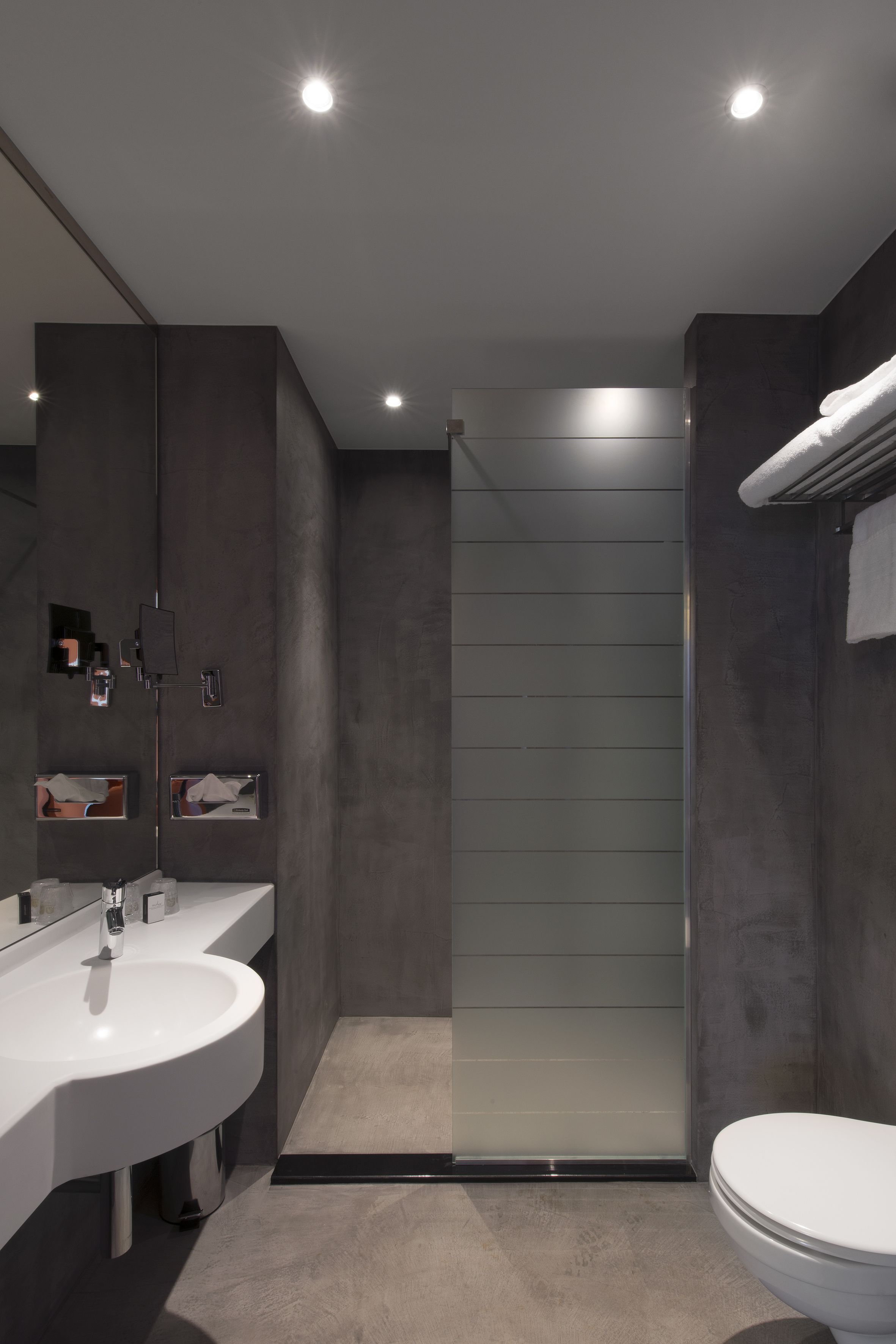Shower, rainfall showerhead, free toiletries, hair dryer