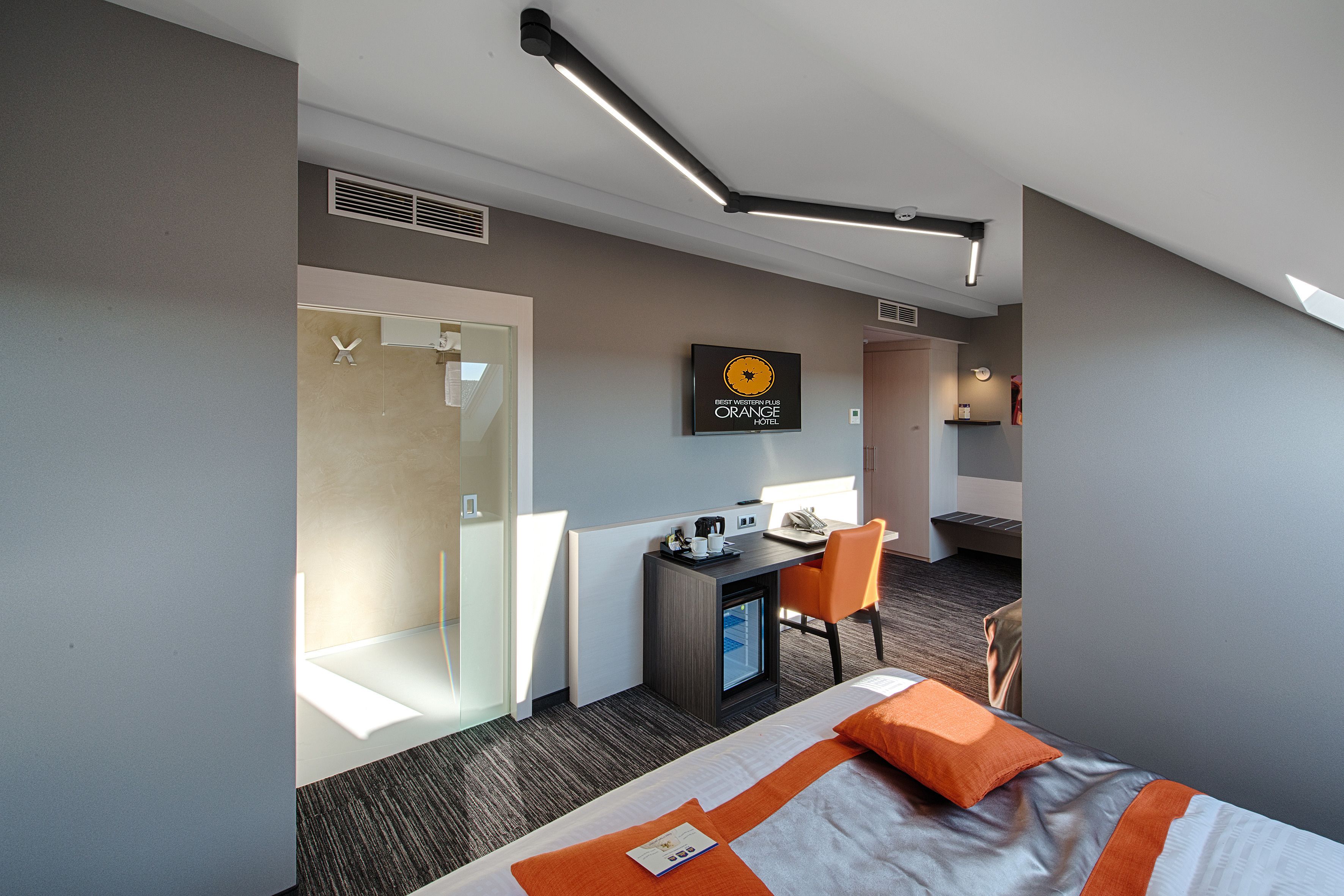 Una habitación de hotel moderna con cama, escritorio y ducha.