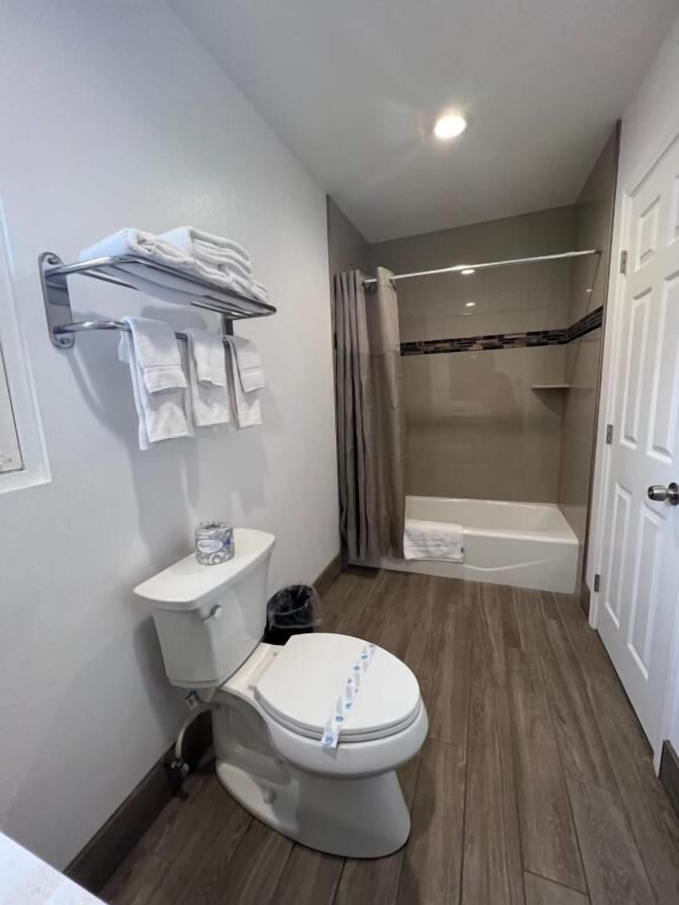 Une salle de bain moderne équipée de toilettes, d’un lavabo et d’une douche.