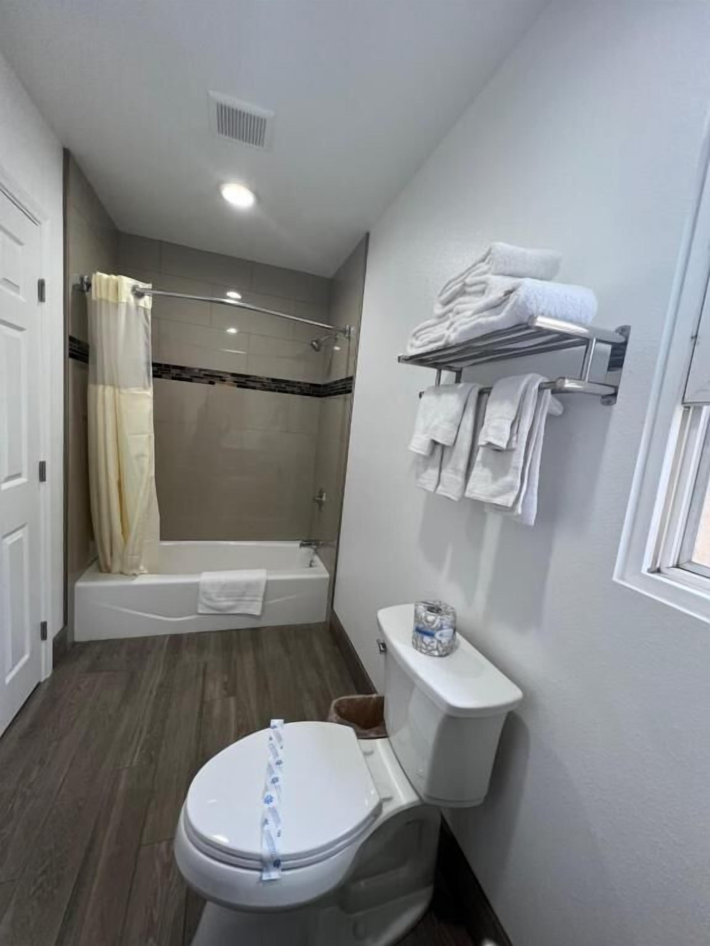 A bathroom with a toilet, a shower, and a bathtub.