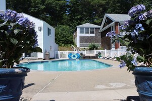 Seasonal outdoor pool, open 9 AM to 9 PM, pool umbrellas, sun loungers