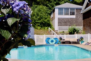 Seasonal outdoor pool, open 9 AM to 9 PM, pool umbrellas, sun loungers