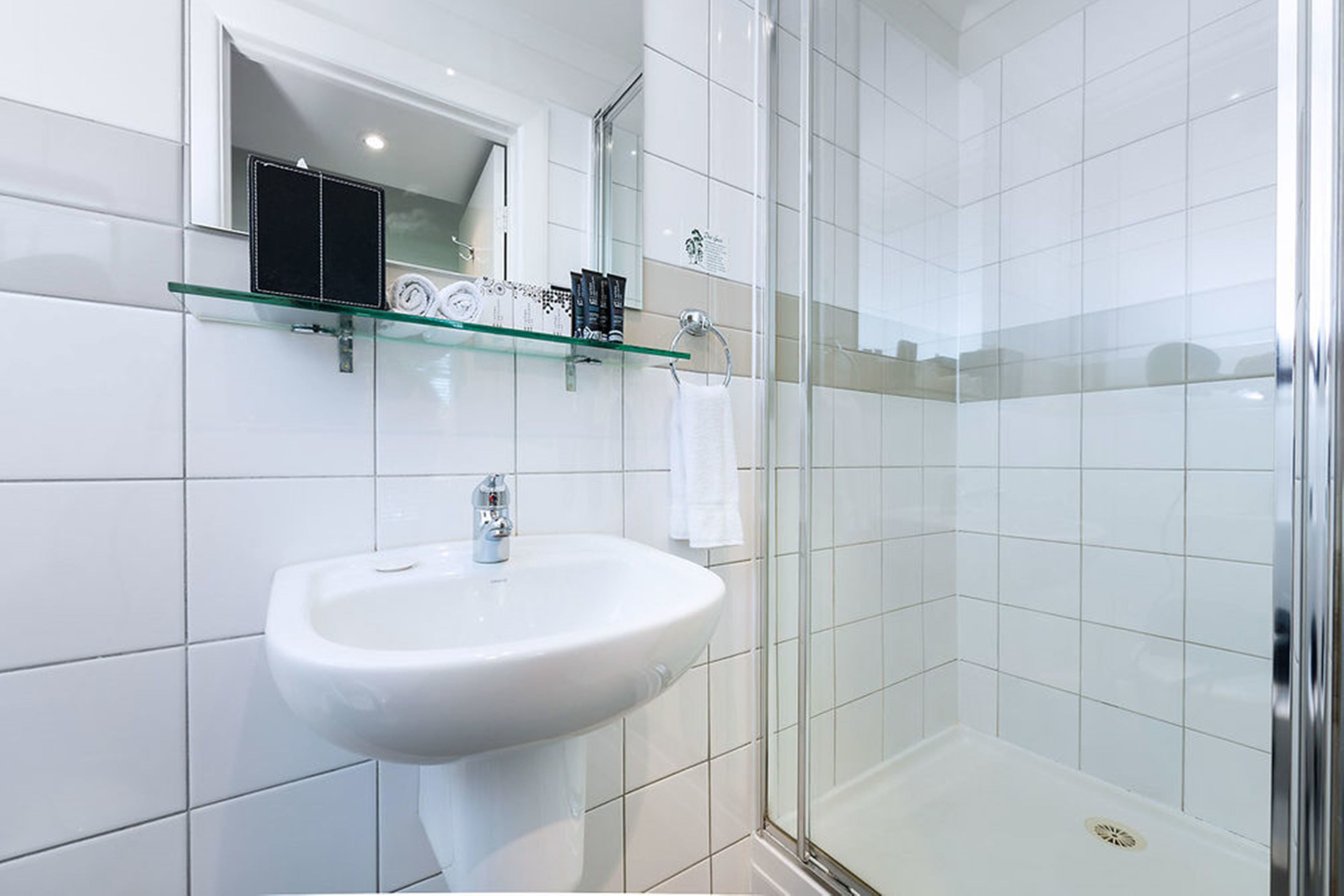 A modern bathroom with a glass shower enclosure, a white sink, and a mirror above the sink.