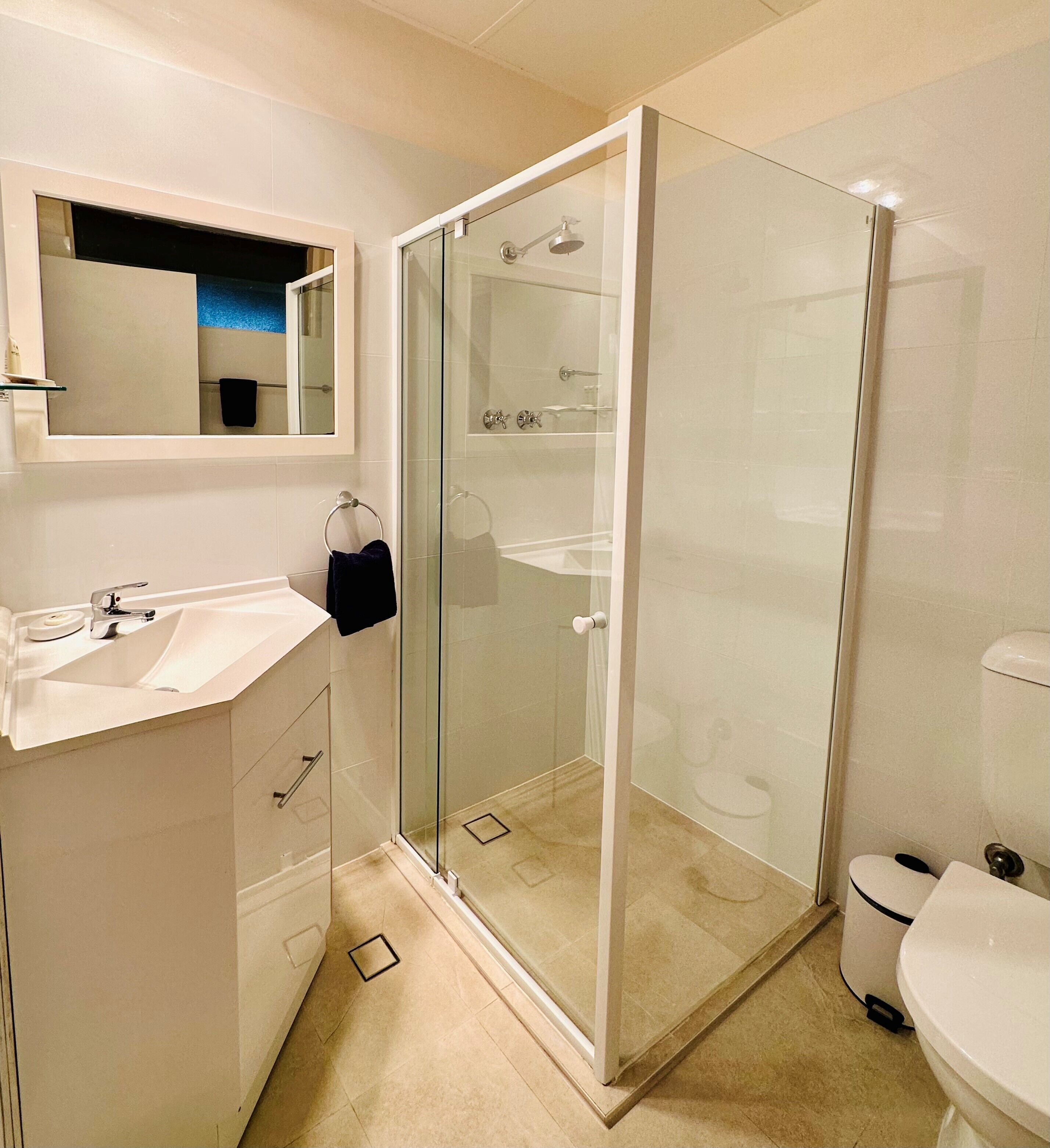 A modern bathroom with a glass-enclosed shower, a white sink, and a toilet.