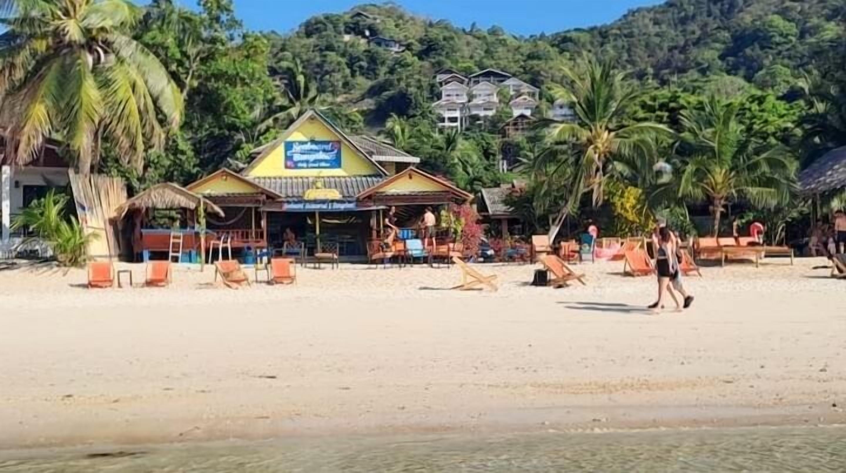 A beachside building with a sign, palm trees, and beach chairs.