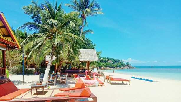 A beachside resort with lounge chairs, a thatched-roof structure, and palm trees. - Seaboard Bungalows (Ko Pha-ngan)