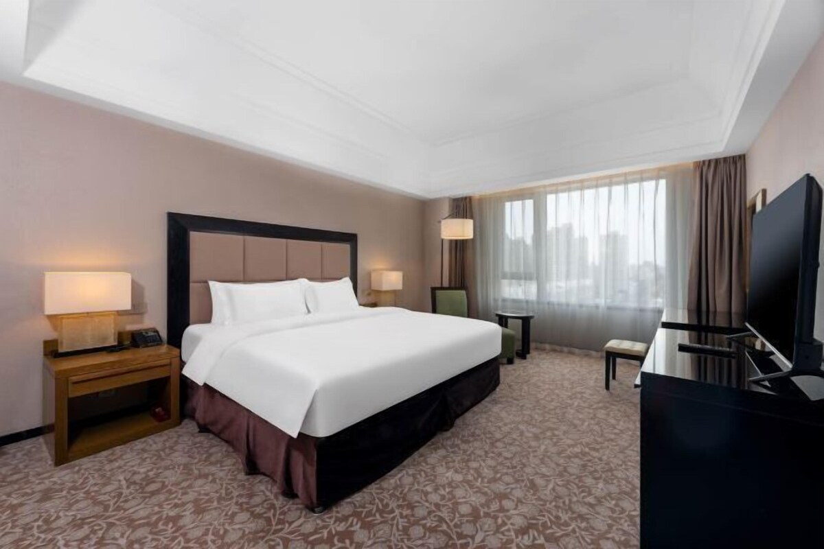 Habitación de hotel con una cama grande, un escritorio con televisor, una mesita de noche con lámpara y vistas a la ciudad desde la ventana.
