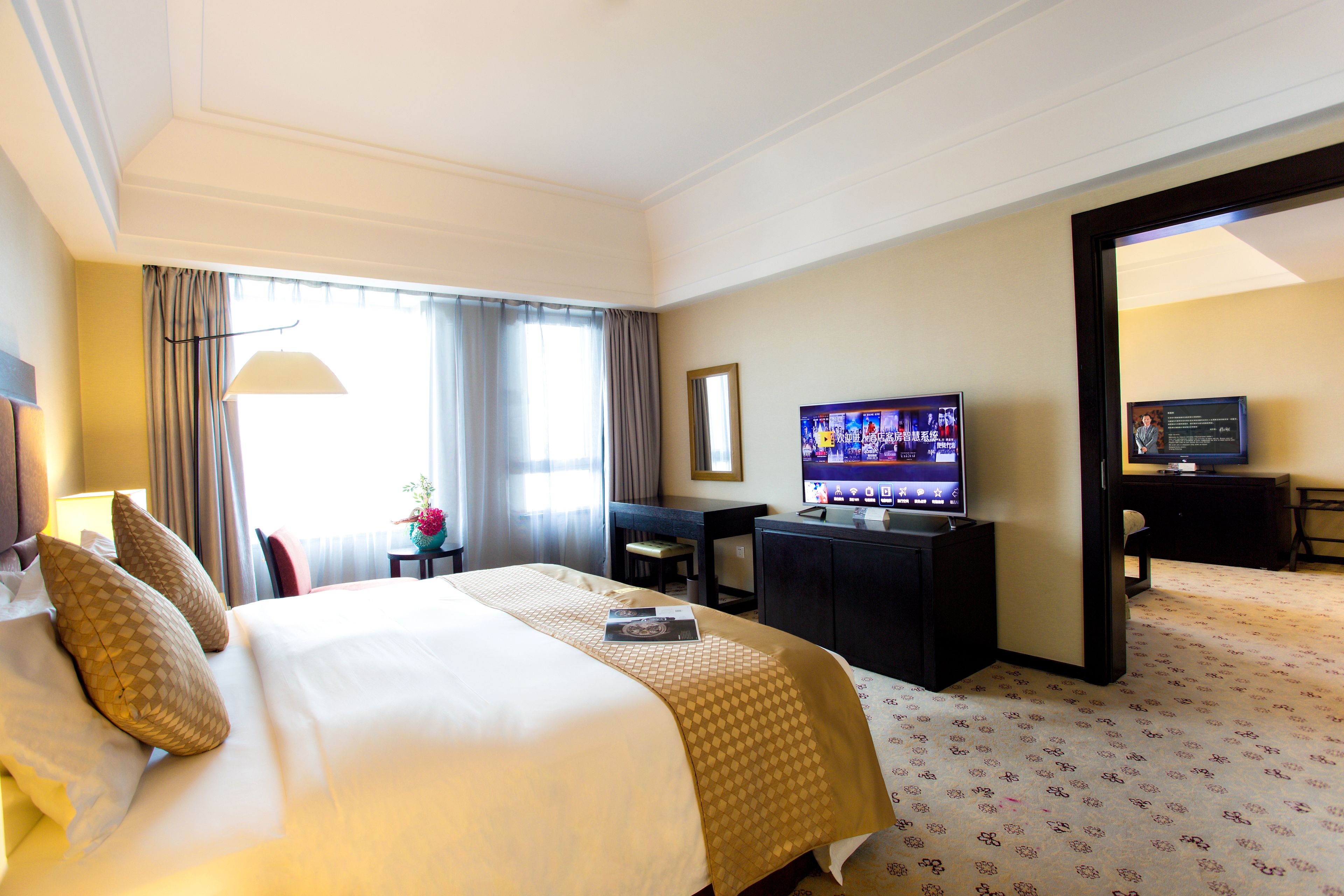 A hotel room with a large bed, a television, a desk, and a chair.