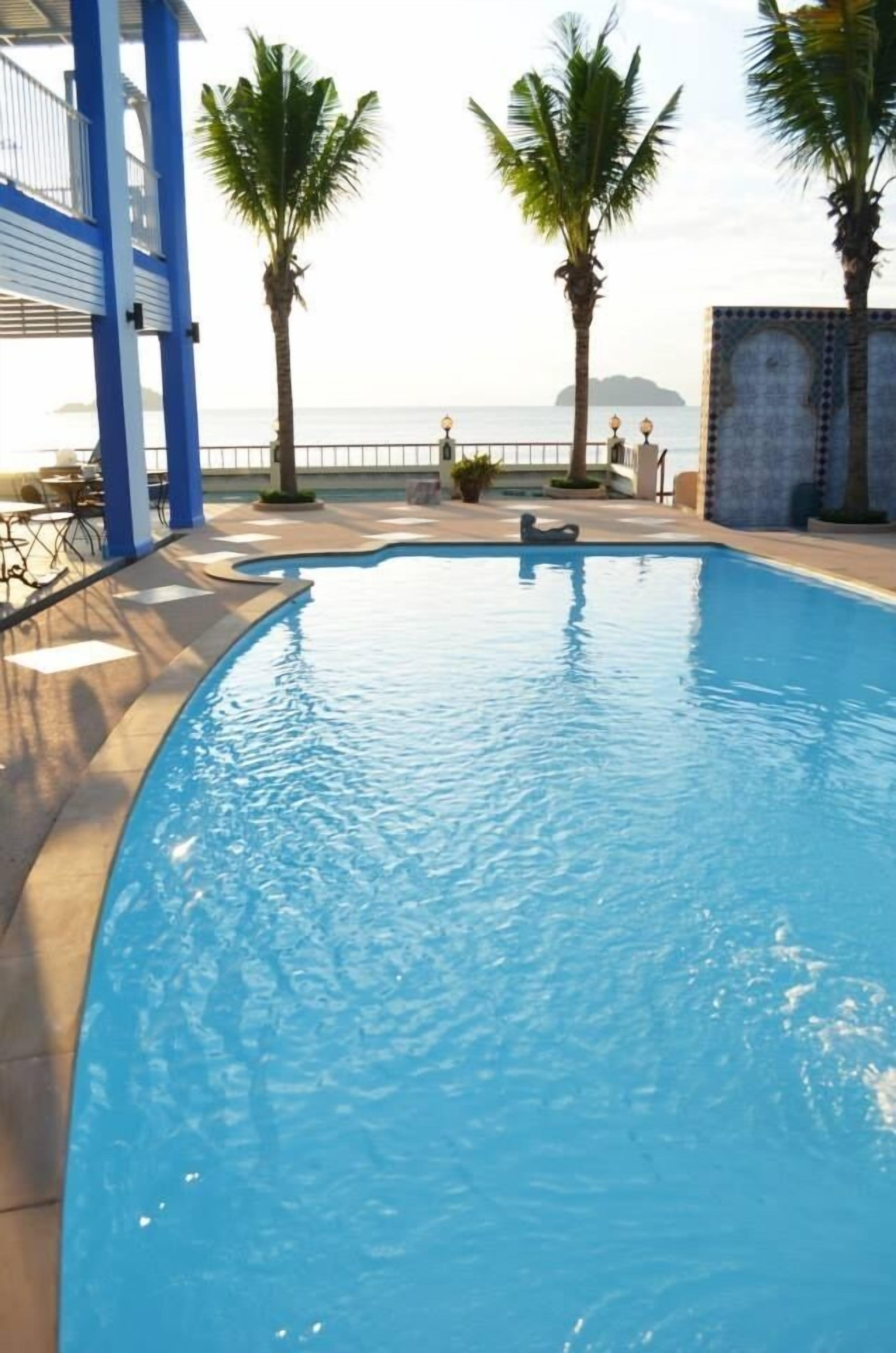 En swimmingpool med buet kant, palmer og udsigt til havet.