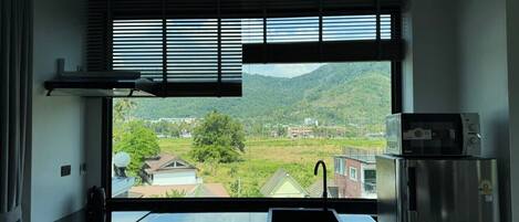 Una cocina con ventana que da a un paisaje verde y casas.