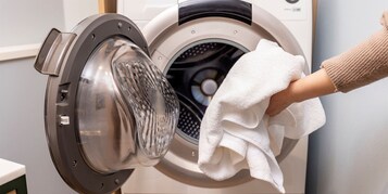 A front-loading washing machine with a transparent door, a hand holding a white cloth, and a control panel with buttons.