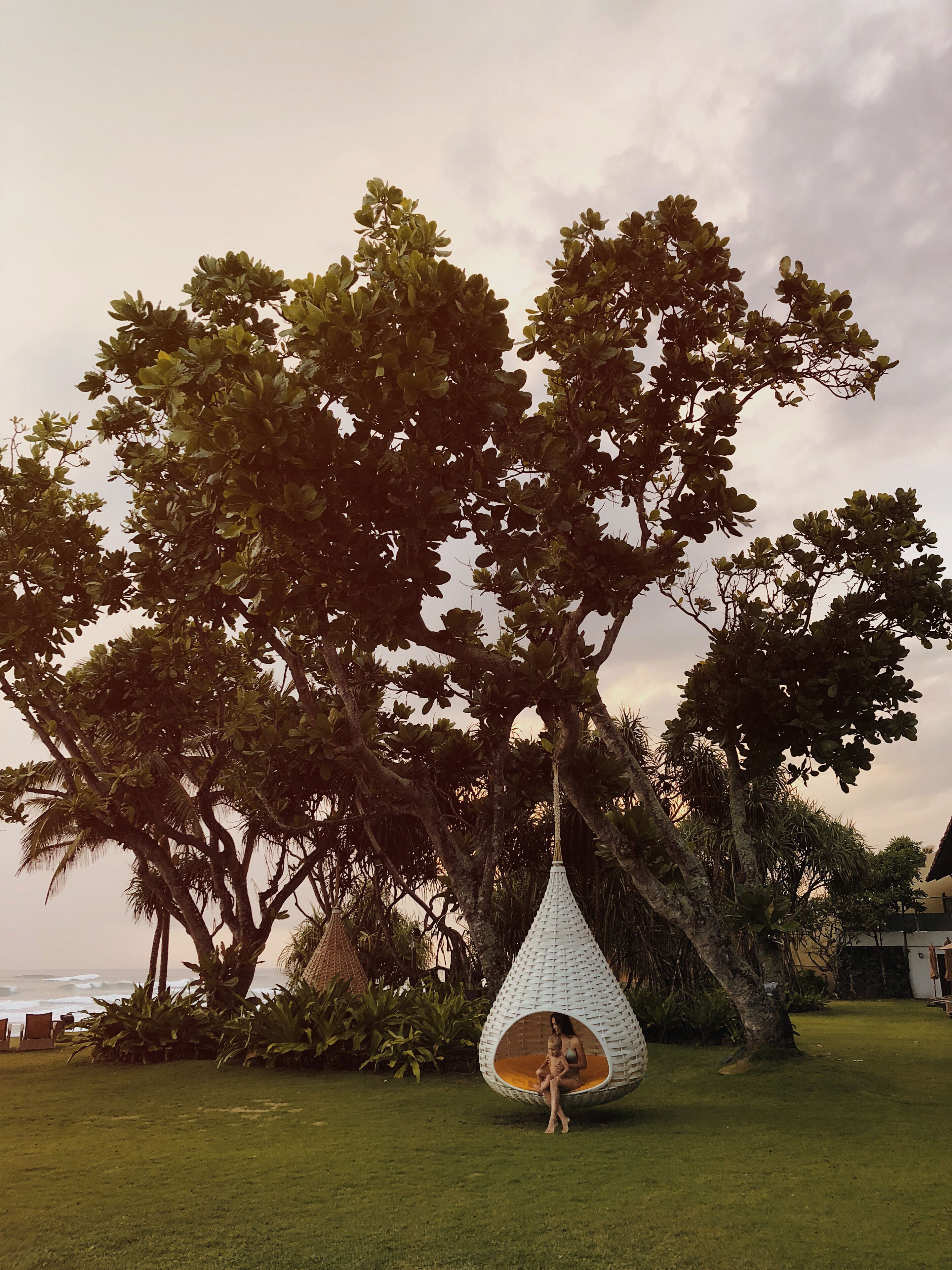 Una casa en un árbol con un sillón colgante bajo un árbol grande.