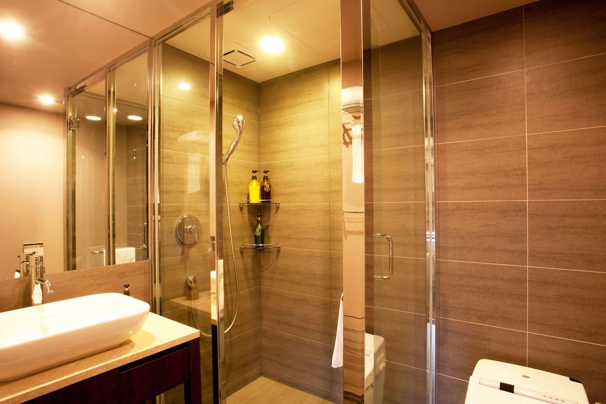 shower, rainfall showerhead, free toiletries, hair dryer