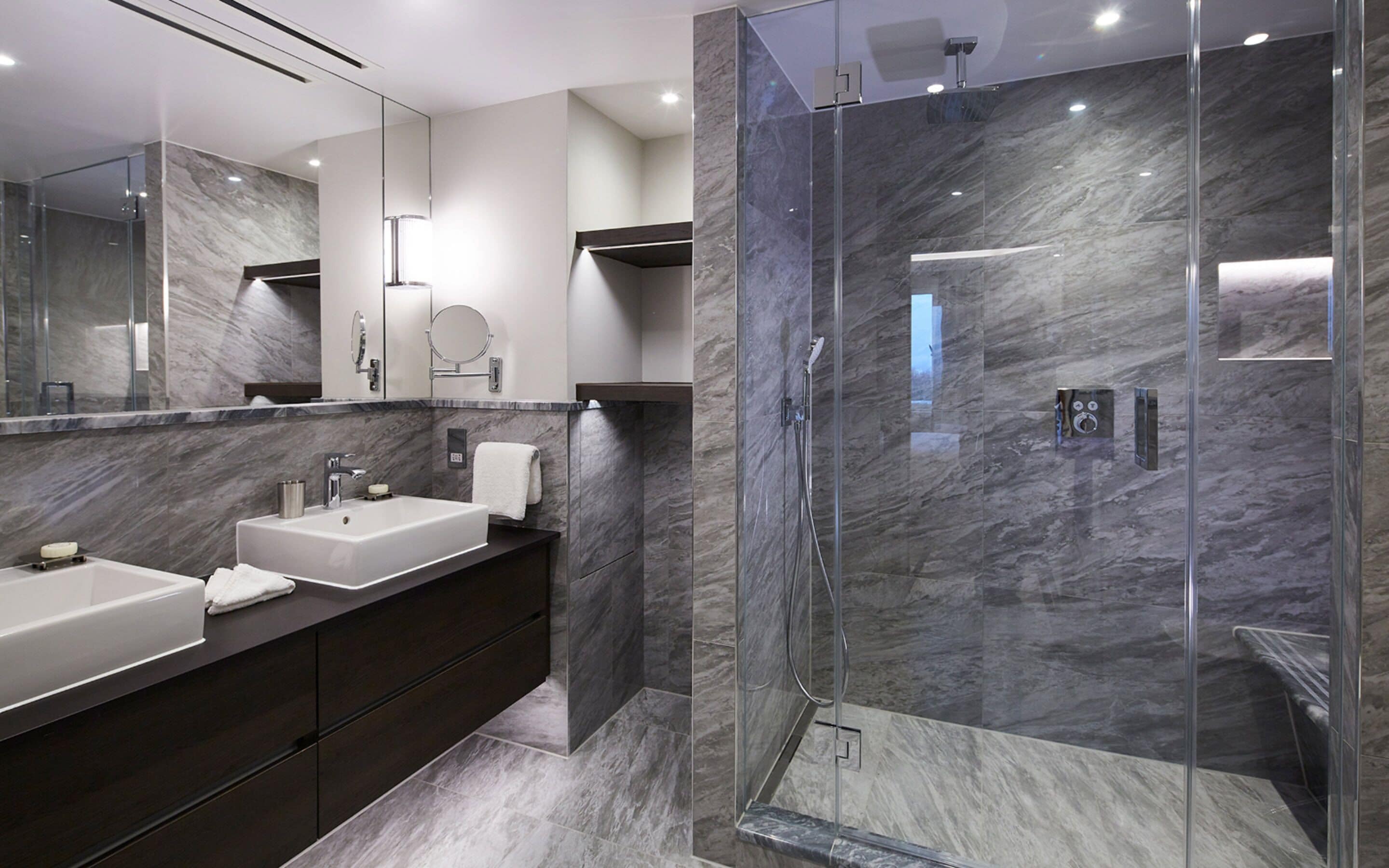Designer toiletries, hair dryer, bathrobes, slippers