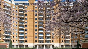 Un edificio residencial de varios pisos con balcones, un césped cuidado y cerezos en flor.