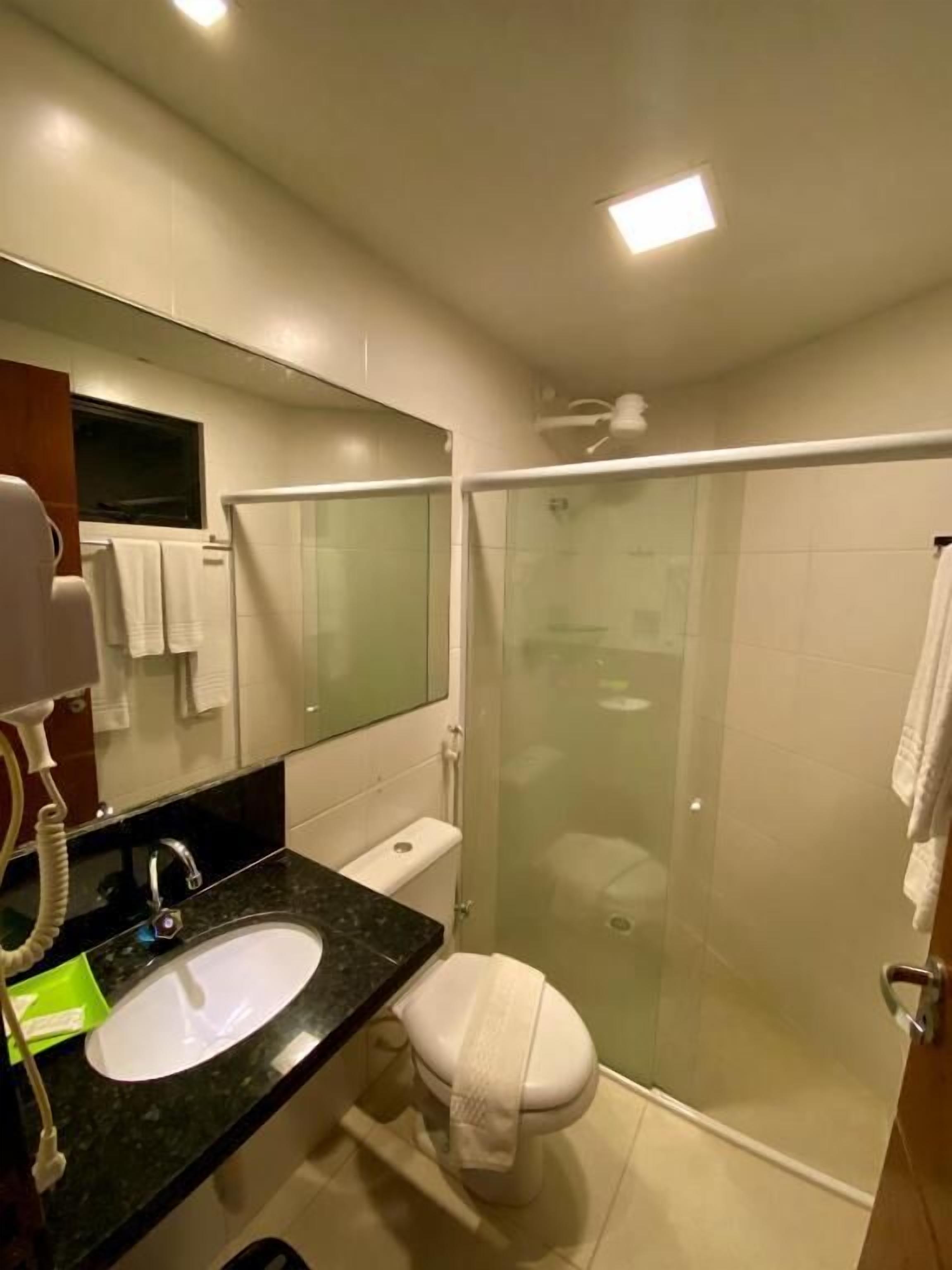 Ein modernes Badezimmer mit einer Duschkabine aus Glas, einer weißen Toilette und einem schwarzen Waschbecken mit Spiegel darüber.