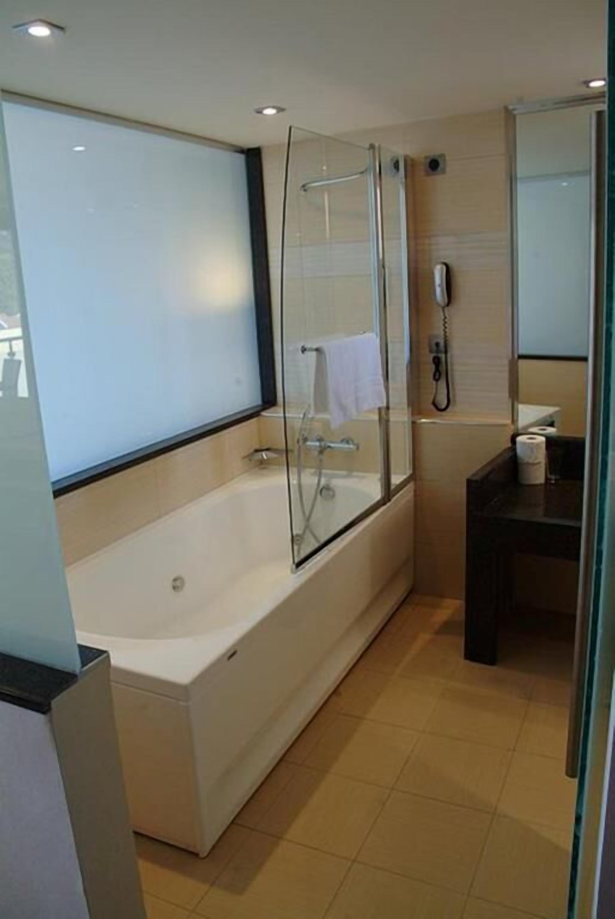 bathtub, designer toiletries, hair dryer, bathrobes