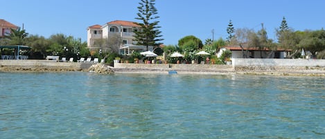 On the beach, sun-loungers, beach umbrellas