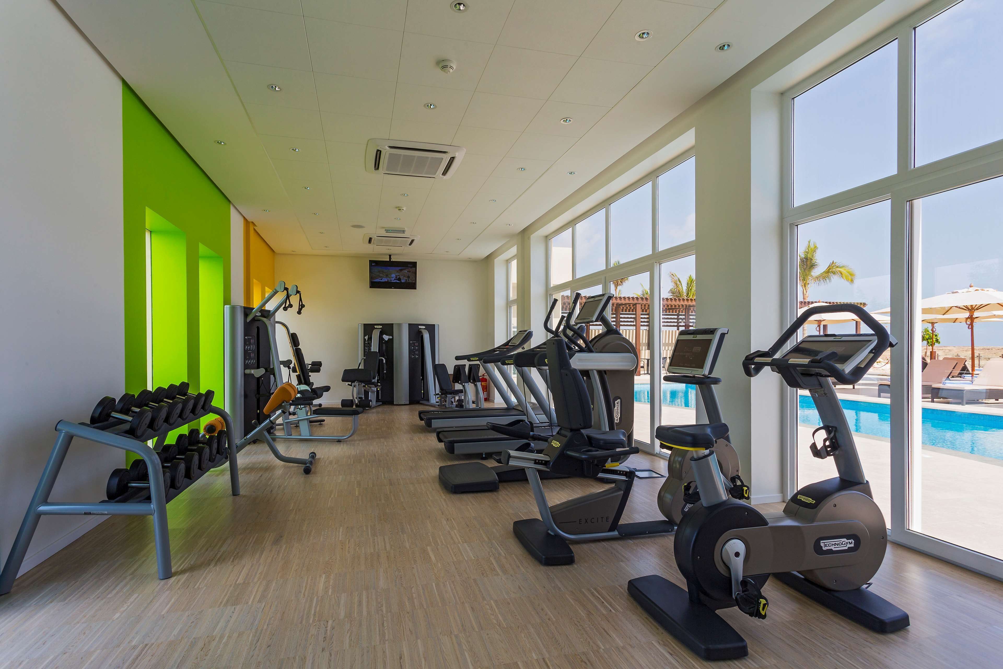 A gym with treadmills, elliptical machines, and a rack of dumbbells.