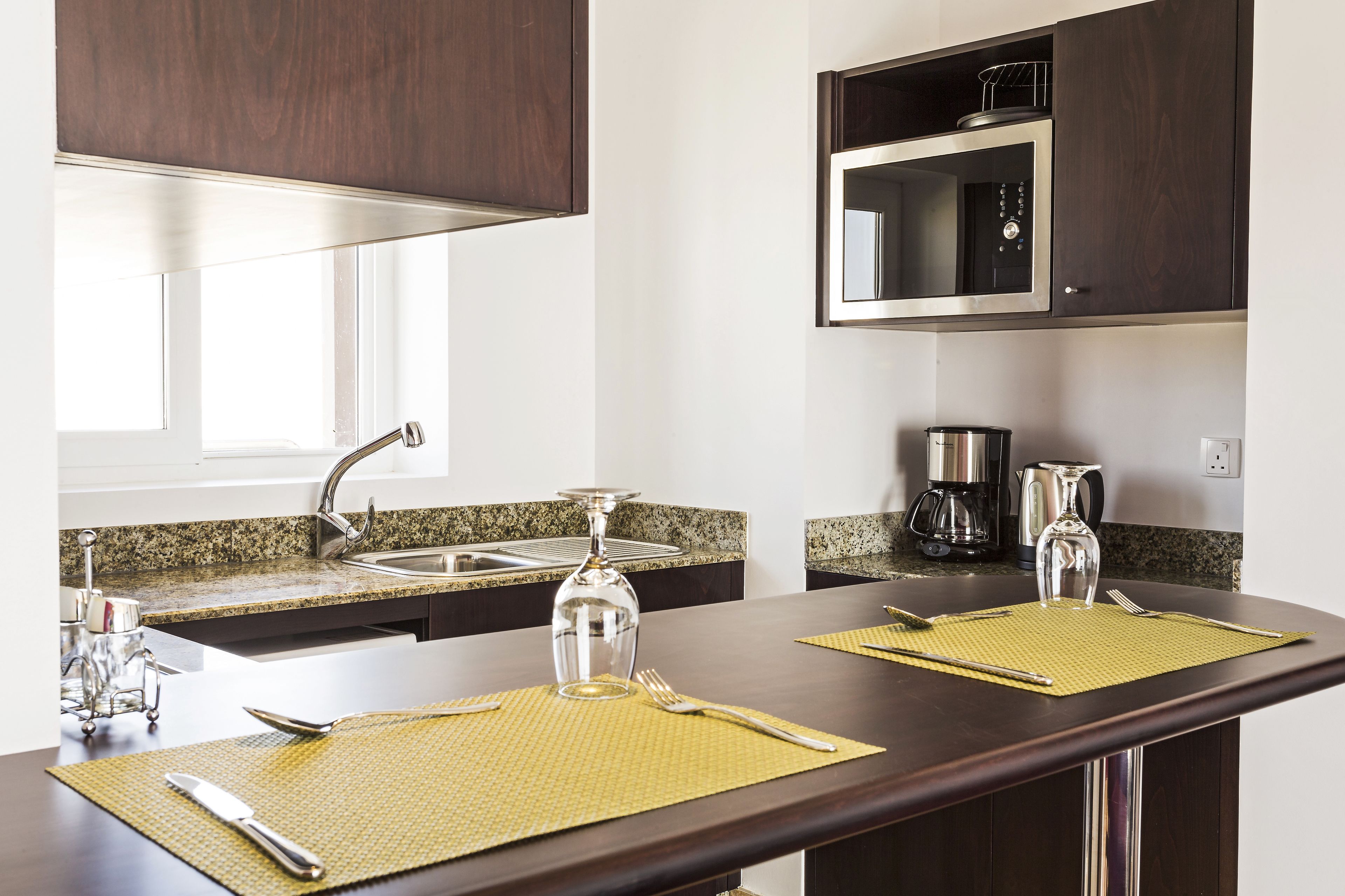 fridge, microwave, coffee/tea maker, electric kettle