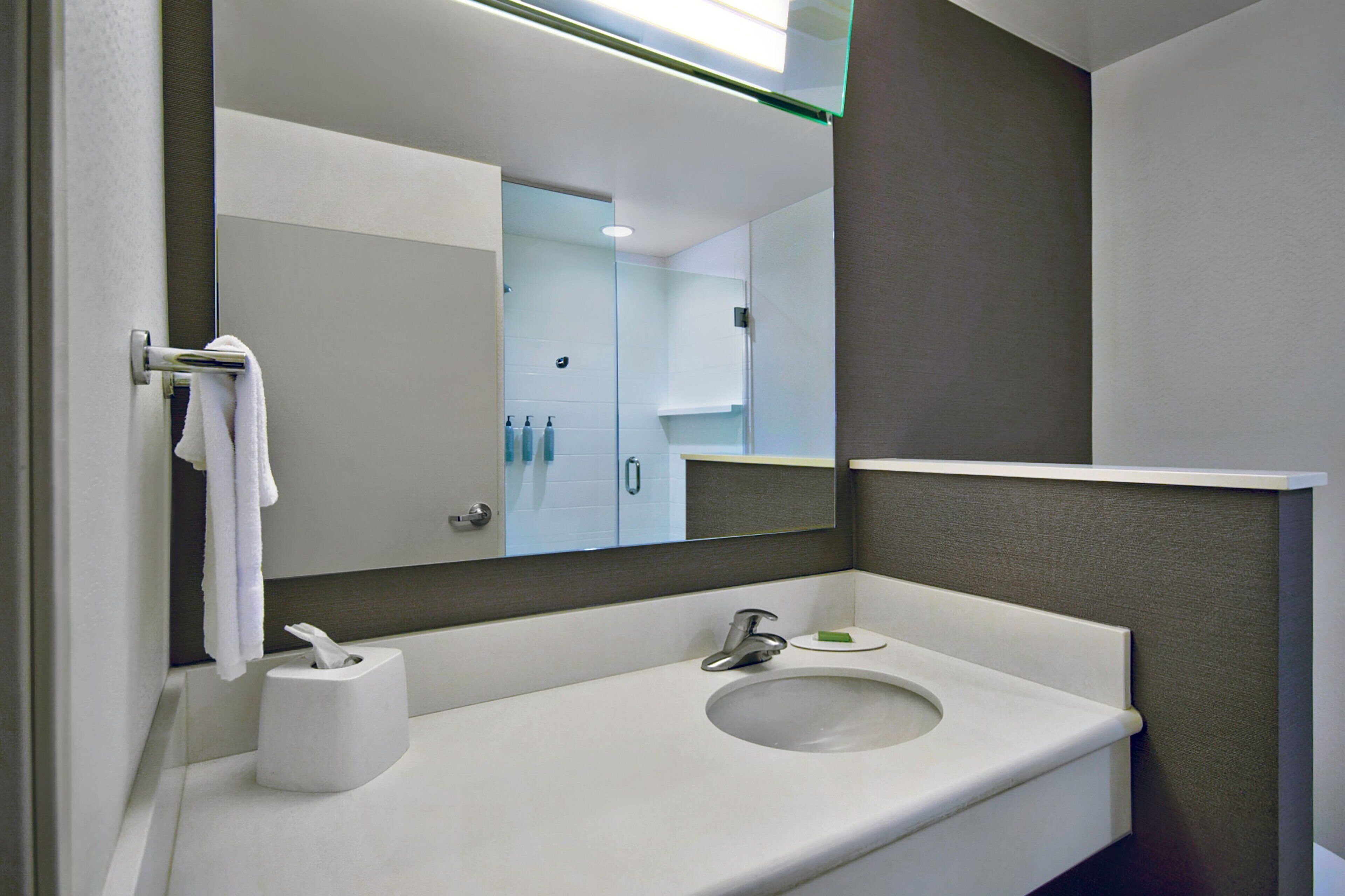 designer toiletries, hair dryer, towels