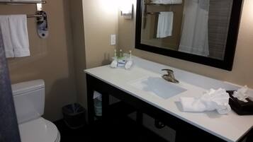 A bathroom with a white sink, a mirror, a toilet, and a trash bin.