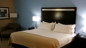 Una habitación de hotel con una cama grande, una mesita de noche con una lámpara, una silla y un cuadro en la pared.