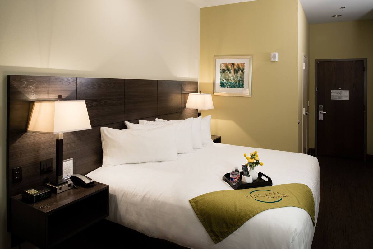 A hotel room with a large bed, two bedside tables with lamps, a nightstand, a framed picture on the wall, and a door.