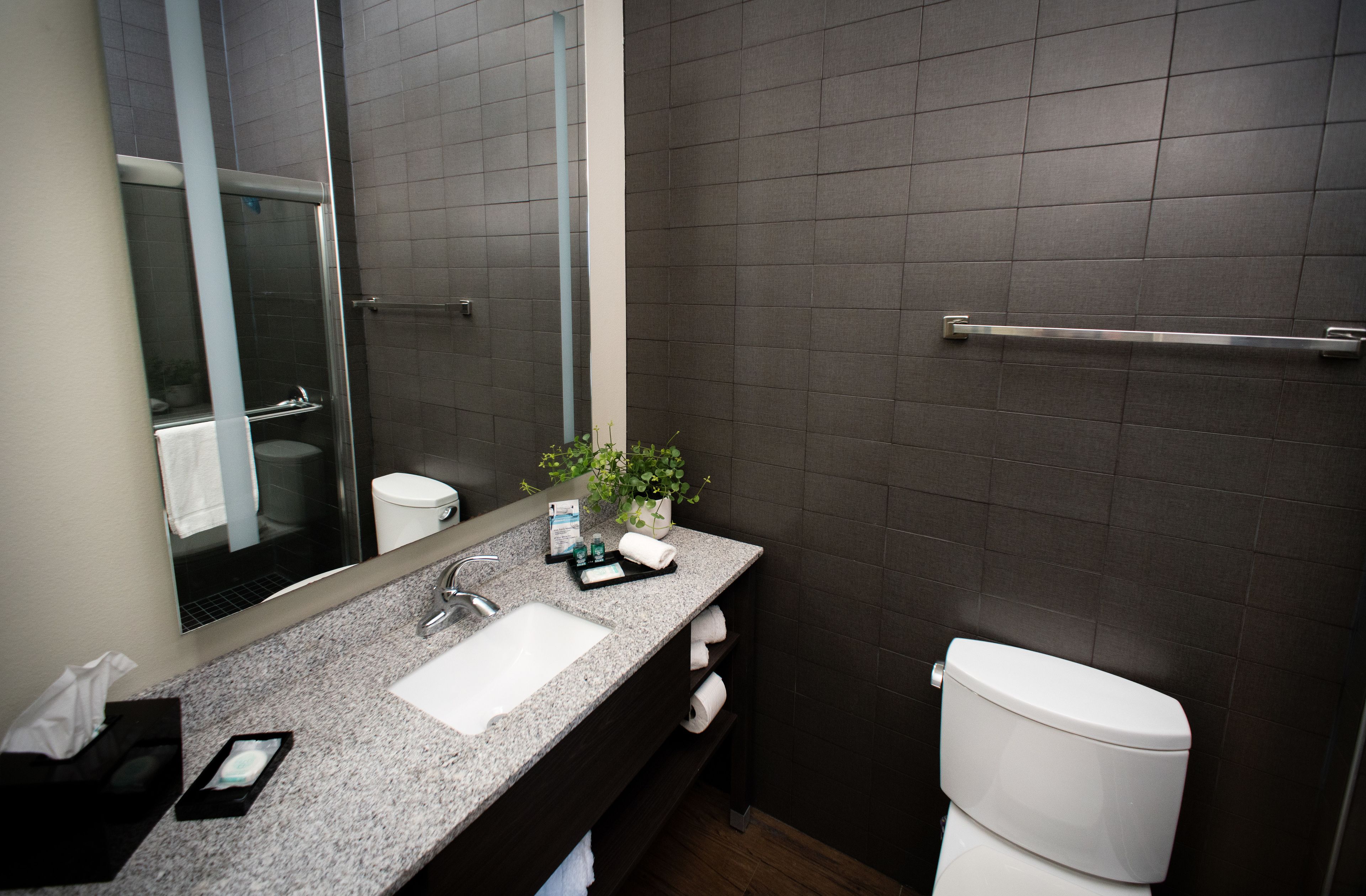 designer toiletries, hair dryer, towels, soap