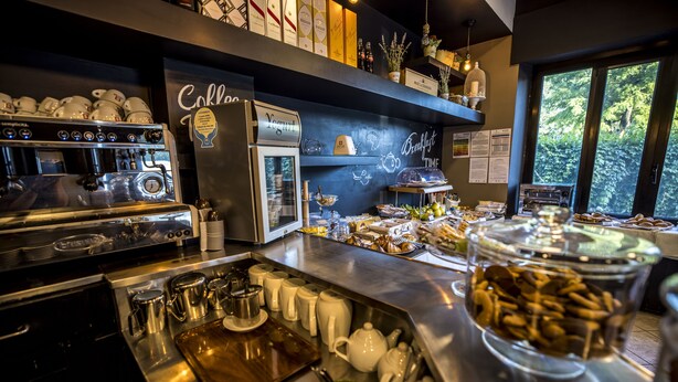 A coffee bar with espresso machines, a yogurt machine, and a variety of coffee cups and mugs. - Hotel Piccolo Allamano (Grugliasco)