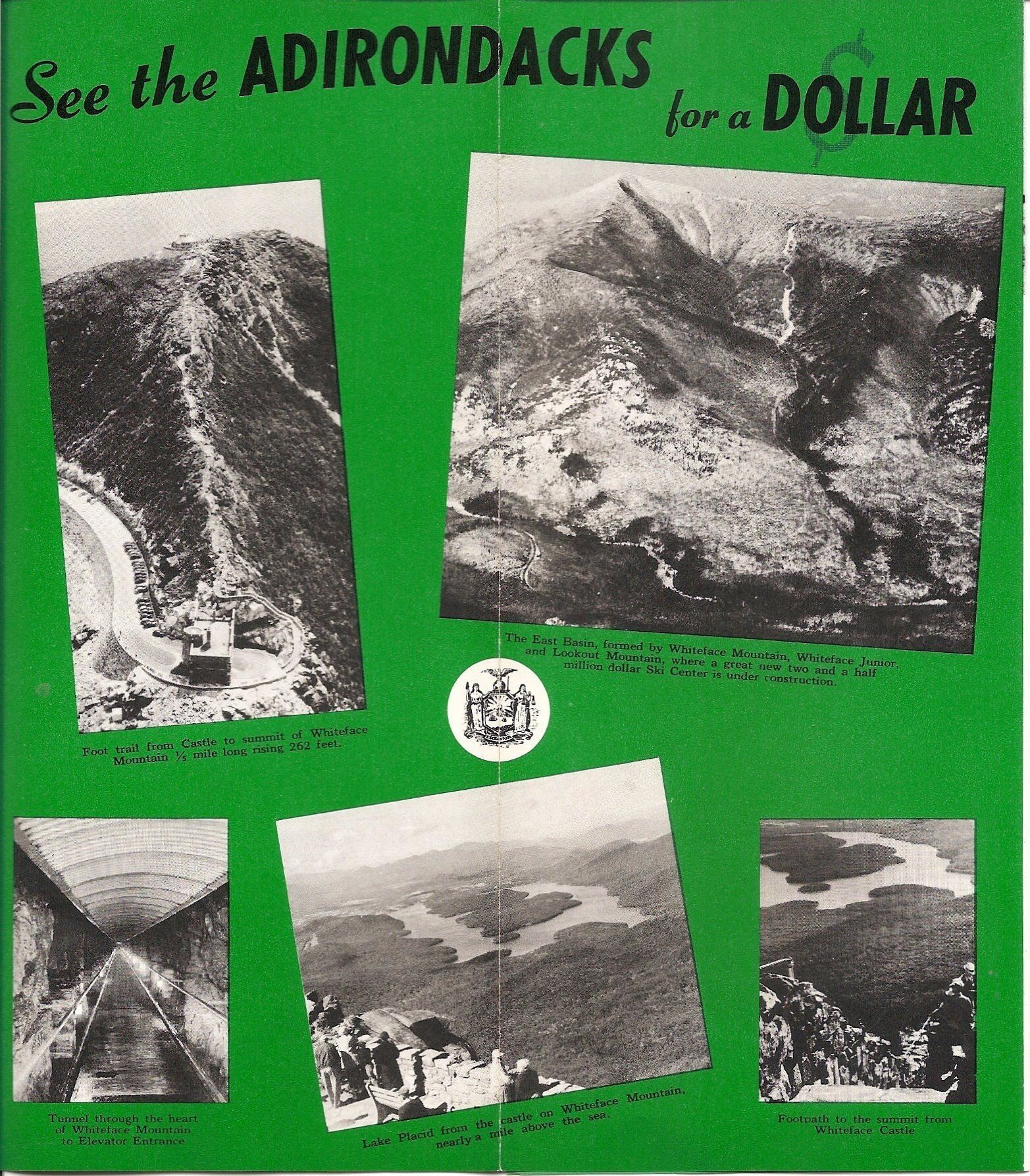 A brochure titled "See the Adirondacks for a Dollar" with black and white photographs of mountain trails, a tunnel, and a lake view.