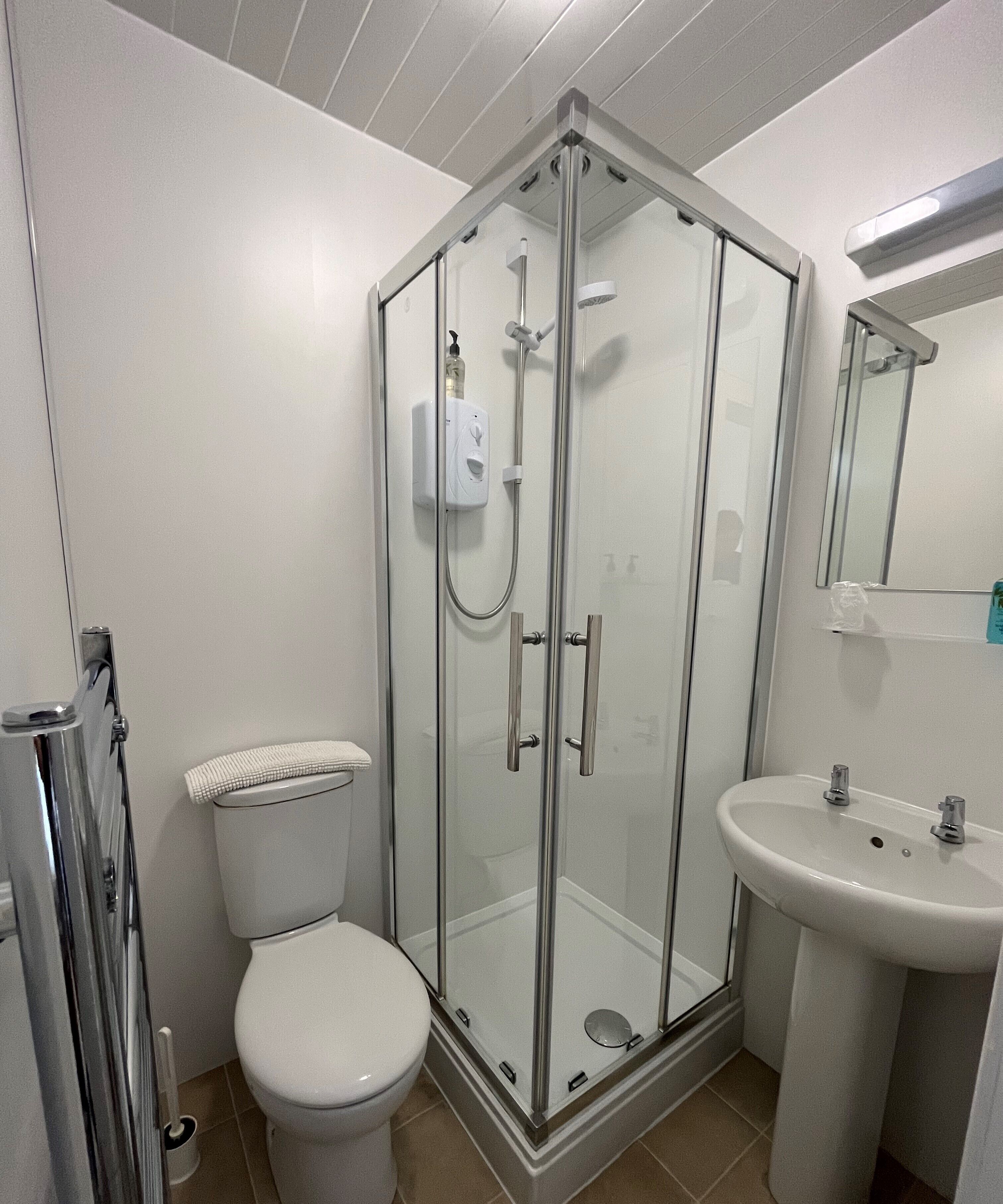 A modern bathroom with a glass-enclosed shower, a toilet, and a sink.