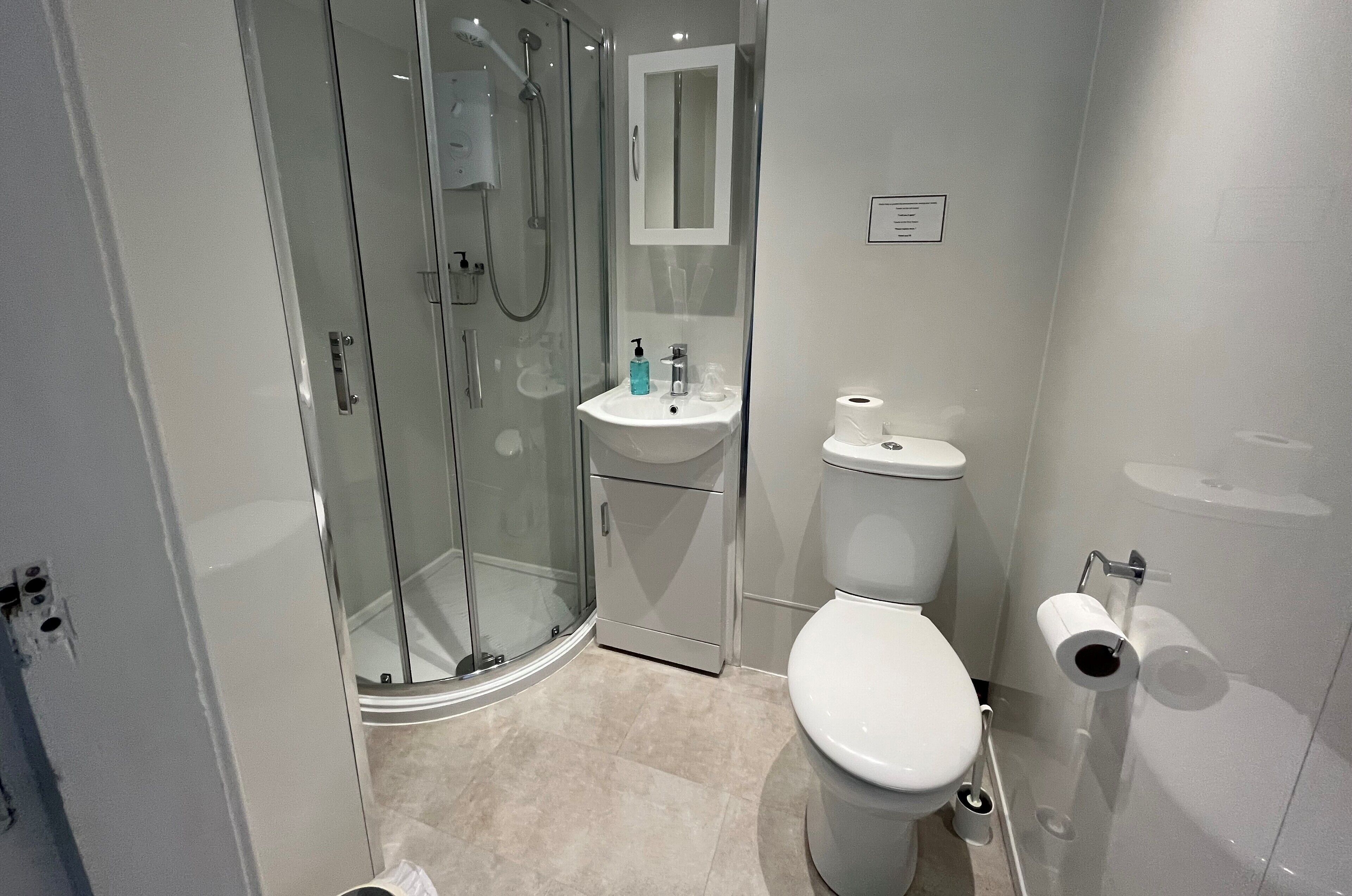 A modern bathroom with a glass-enclosed shower, a white sink, and a toilet.