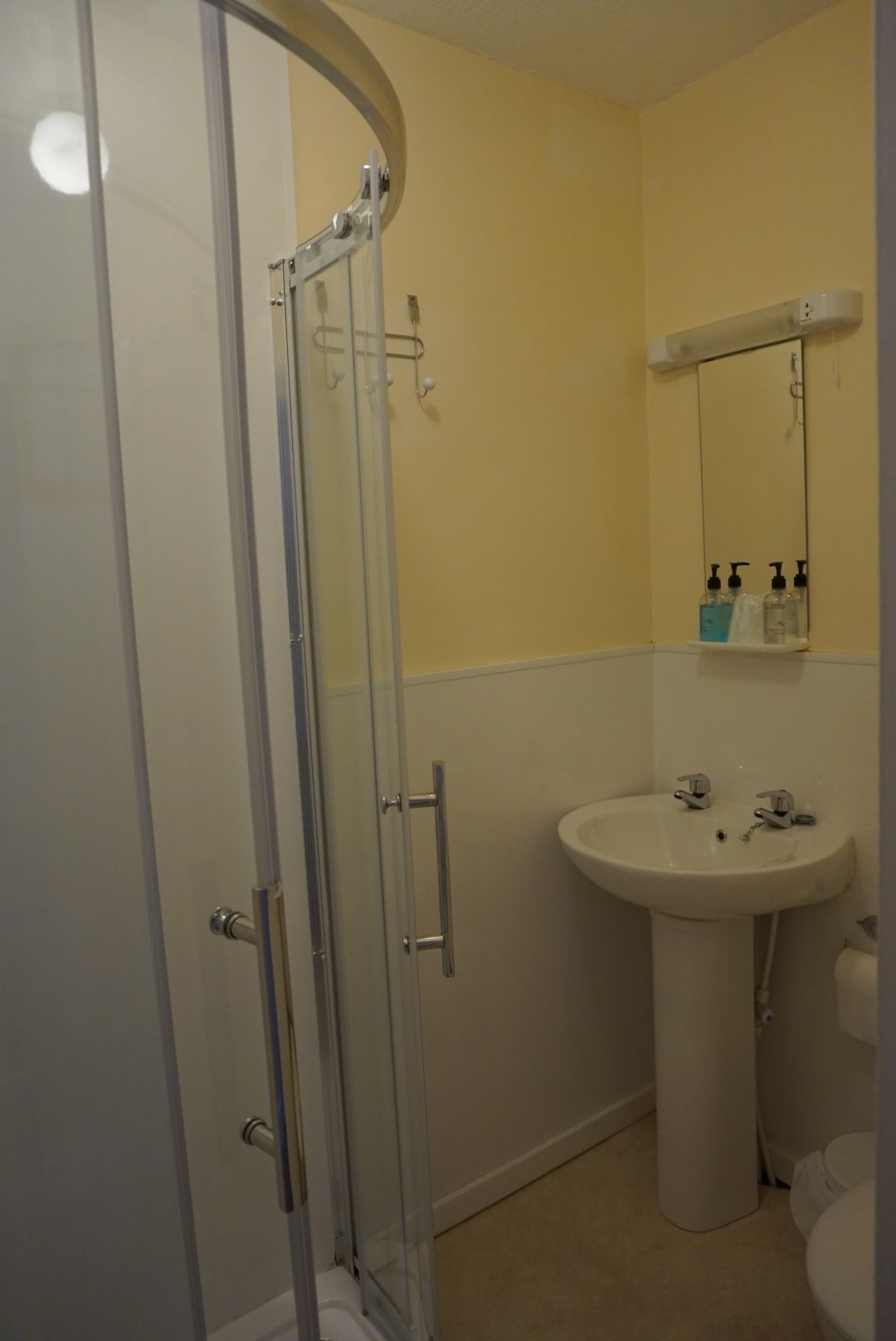 A bathroom with a glass shower enclosure, a pedestal sink, and a toilet.
