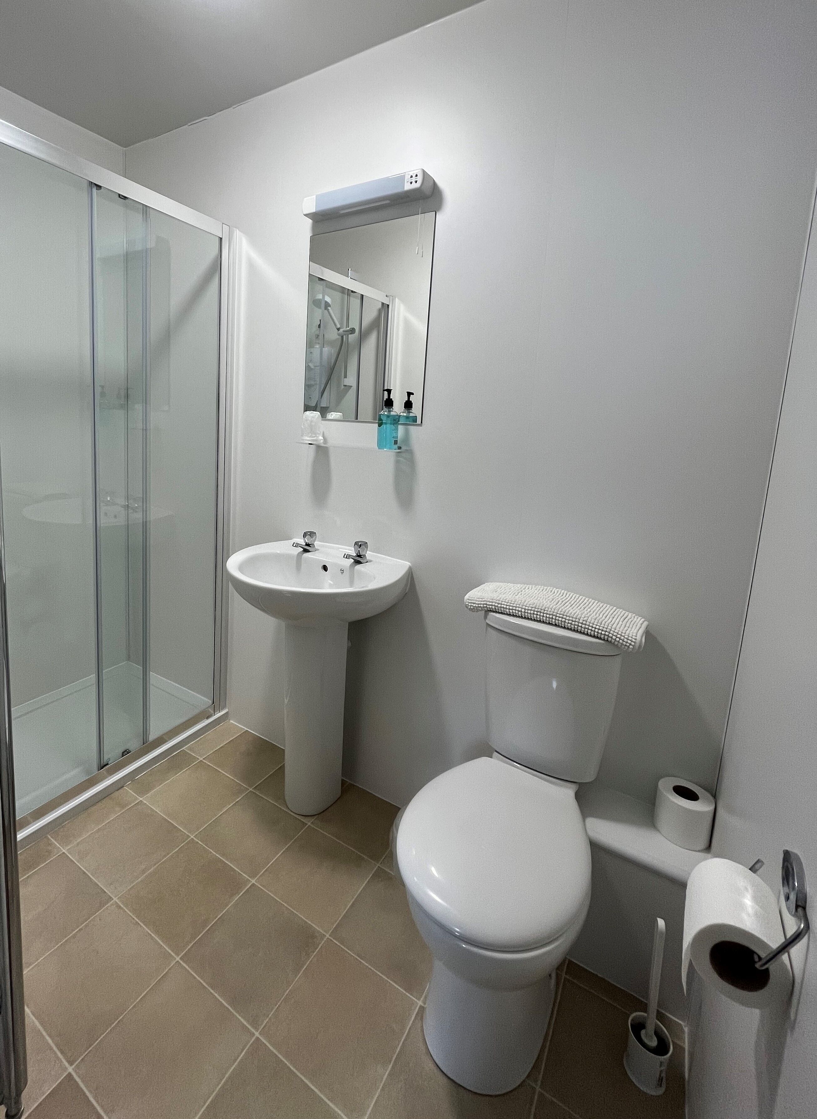 A bathroom with a glass shower enclosure, a sink, a toilet, and a mirror.