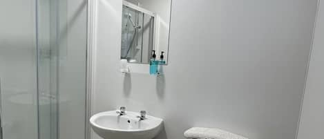 A bathroom with a glass shower enclosure, a sink, a toilet, and a mirror.