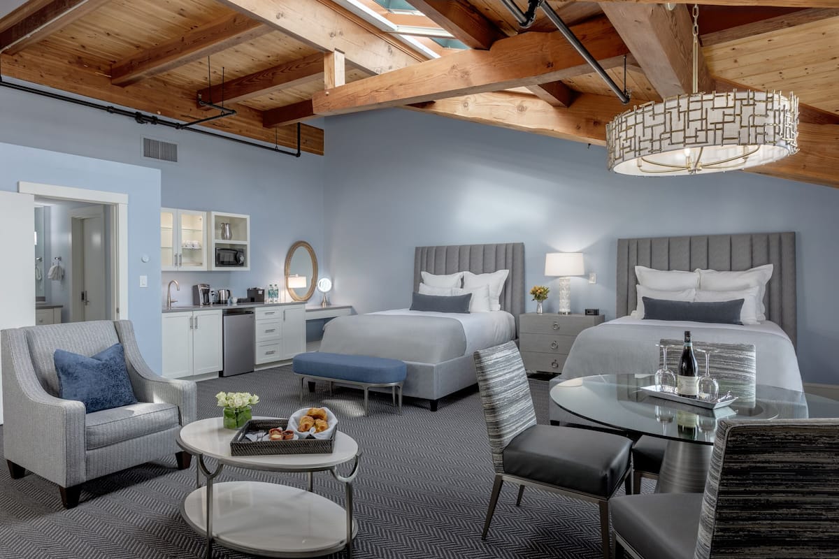 deluxe room, 2 queen beds with sofa bed, harbor view | premium bedding, down duvets, in-room safe, desk