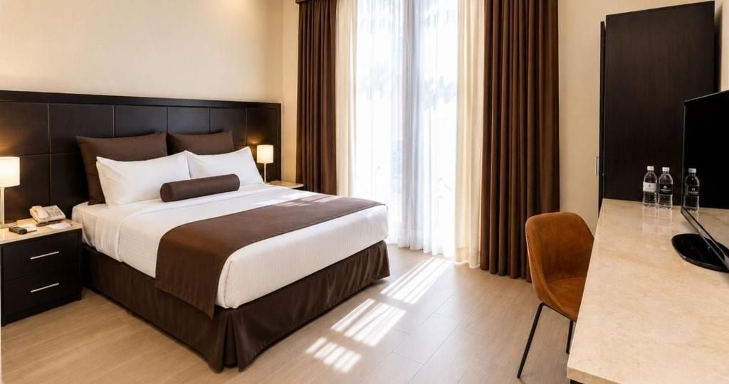 Ein Hotelzimmer mit Bett, Nachttisch, Lampe und Schreibtisch mit Stuhl.
