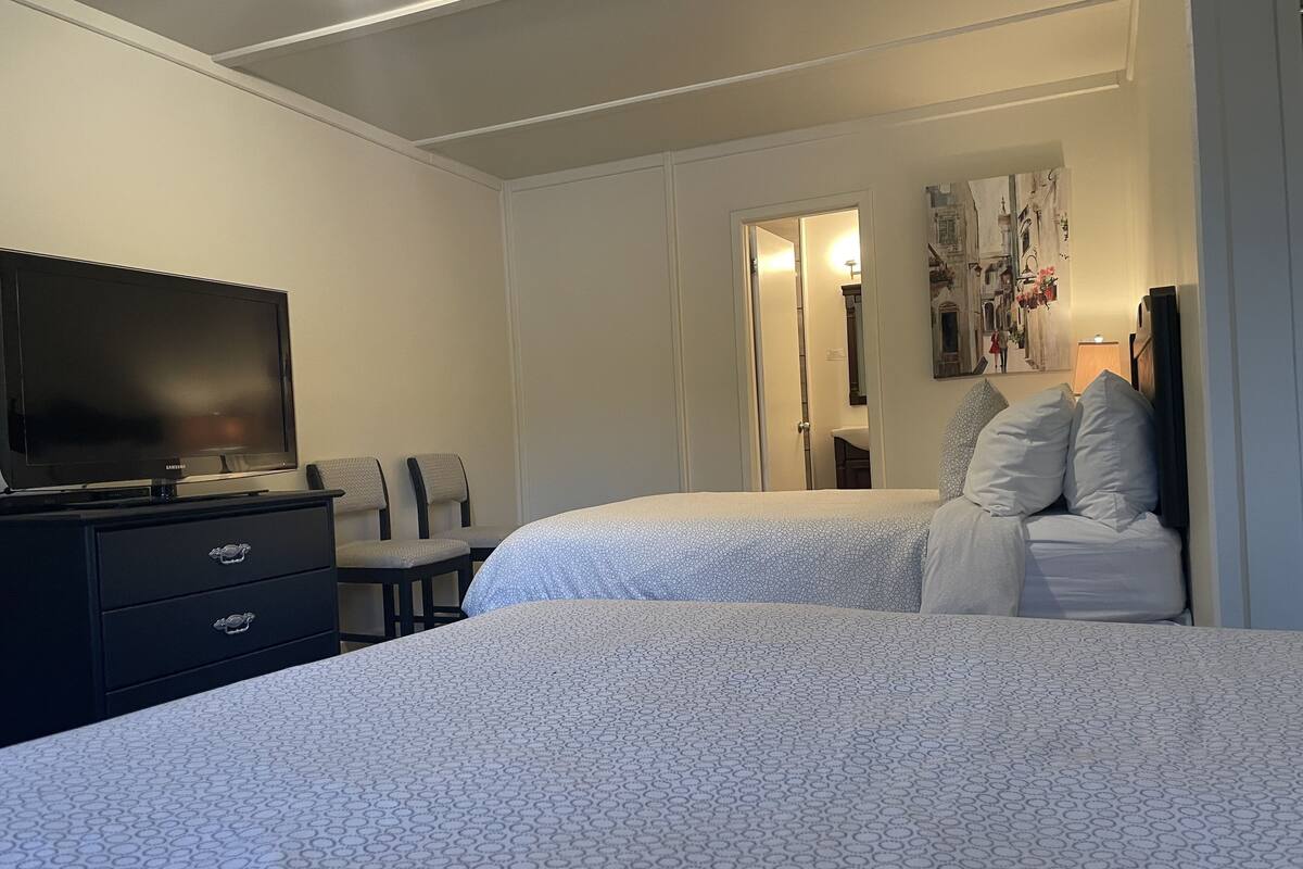 A hotel room with two beds, a TV, a desk, and a chair.