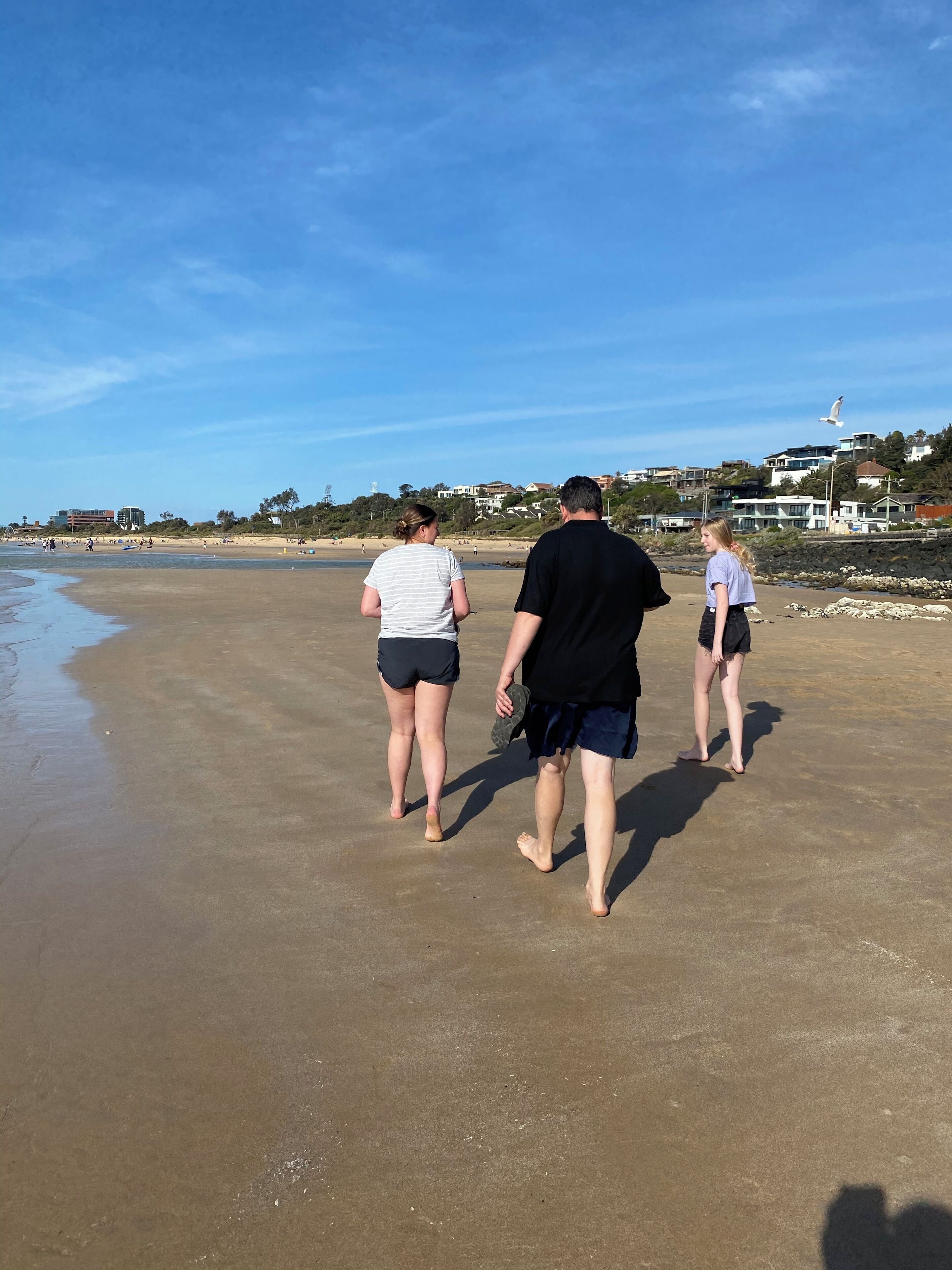 A beach with a clear sky, people walking, and houses in the background.